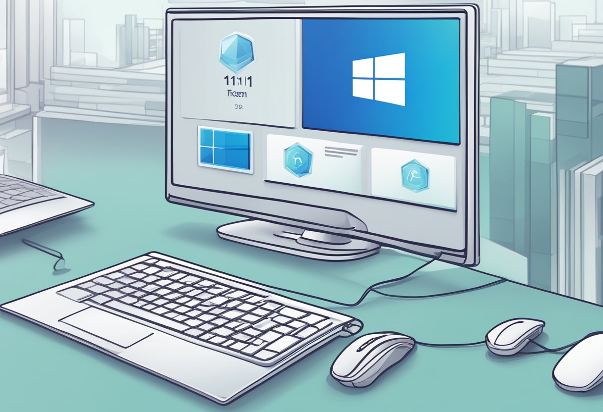 A computer monitor displaying the Windows 11 lock screen with a frozen cursor and error message