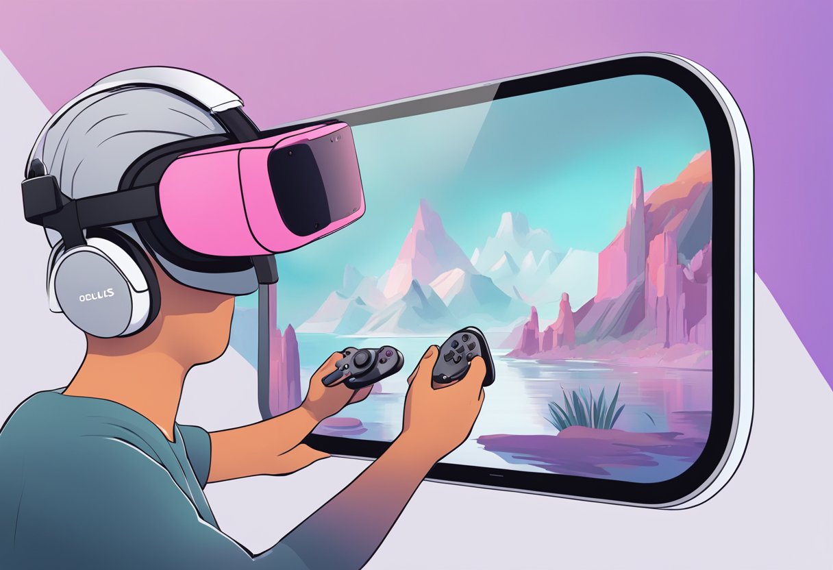 A hand reaches for the Oculus Quest 2 controller, pressing the designated buttons to capture and share a screenshot. The headset's screen displays the captured image, ready to be shared with others