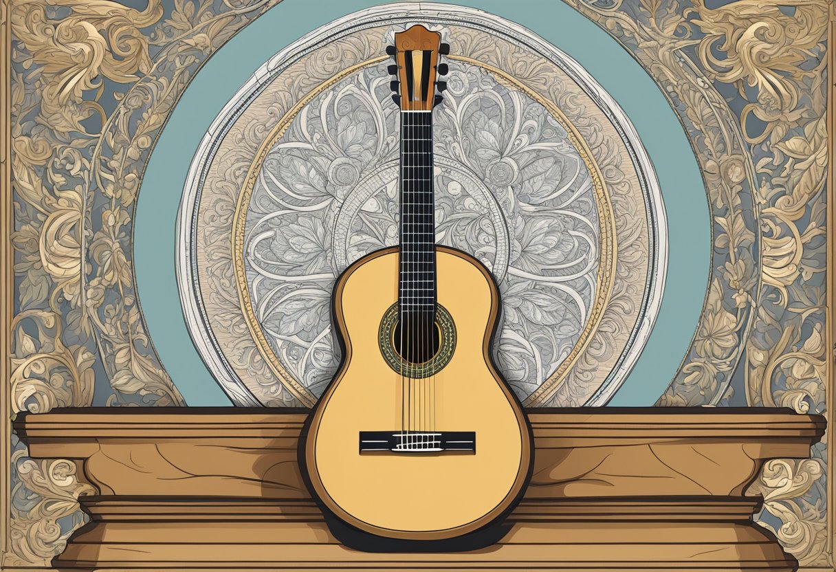 A classical guitar rests on a wooden stand, its full size and intricate design showcasing its rich history
