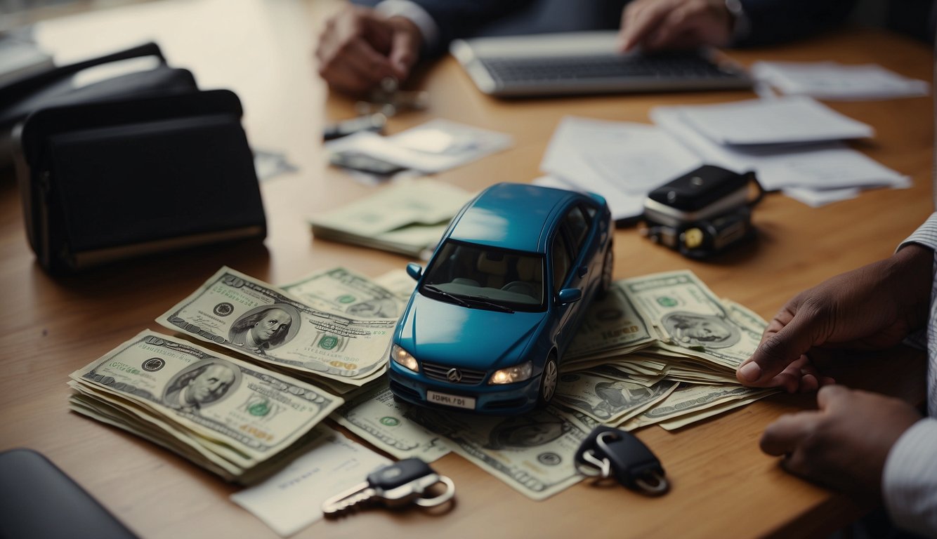 A person sits at a cluttered desk, surrounded by bills and paperwork. A car key and title lay on the table, while a stack of cash is handed over by a lender