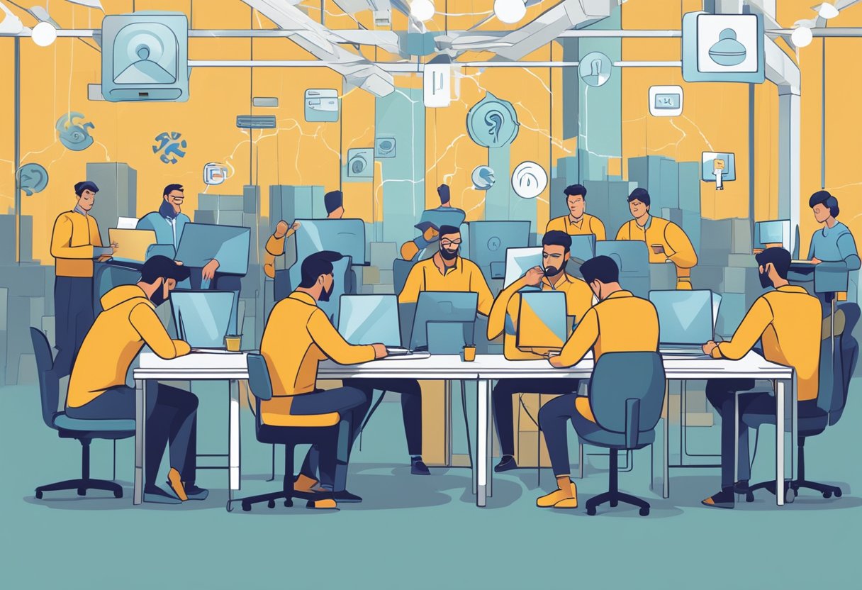 Workers frustrated with non-functional team devices, surrounded by disconnected Wi-Fi symbols