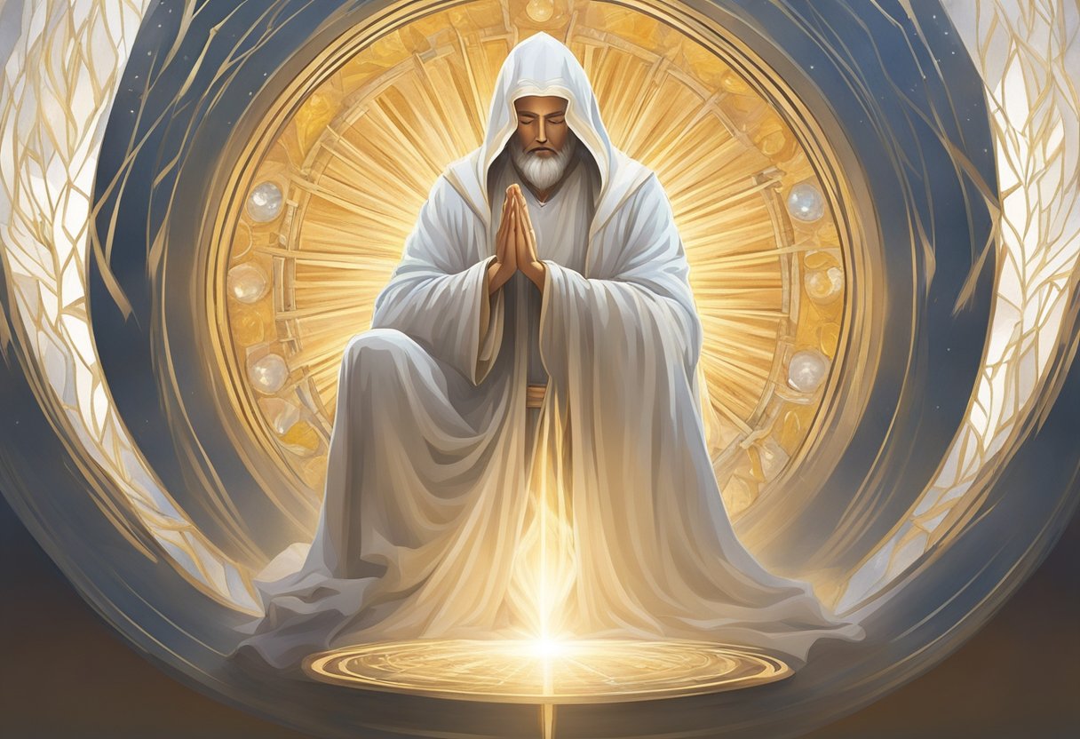 A serene figure surrounded by a radiant aura, with hands clasped in prayer, warding off looming accidents and mishaps. A shield of light encircles the figure, emanating a sense of safety and protection
