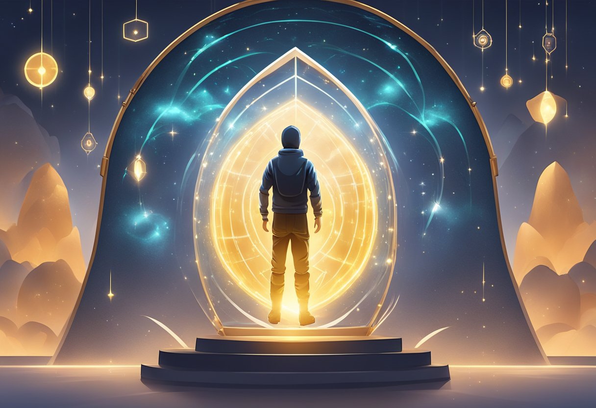 A person surrounded by a glowing, protective shield, with symbols of safety and security floating around them. The atmosphere is calm and serene, with a sense of peace and assurance
