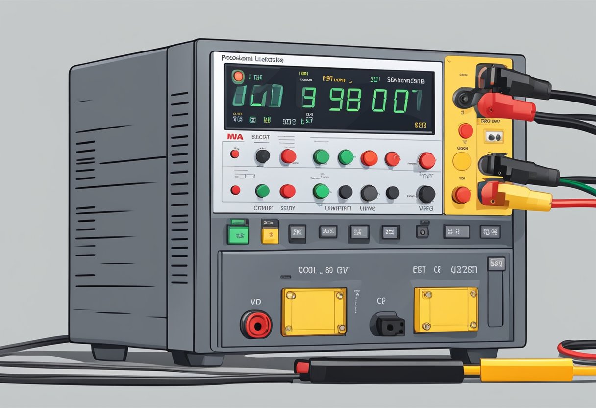 A power supply unit with various components connected, multimeter testing voltage and current