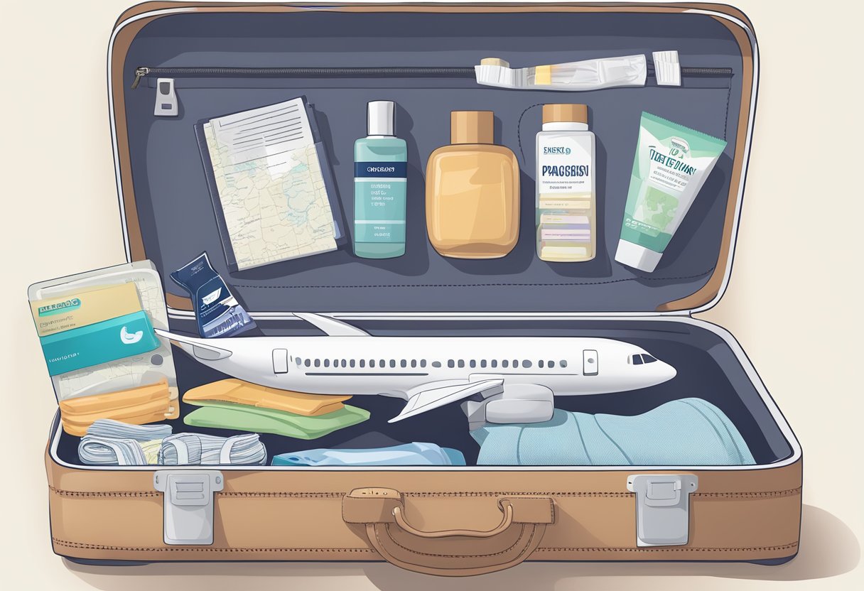 A suitcase packed with incontinence products, travel-sized toiletries, and a travel pillow. A map and travel itinerary are laid out on a table with a passport and boarding pass