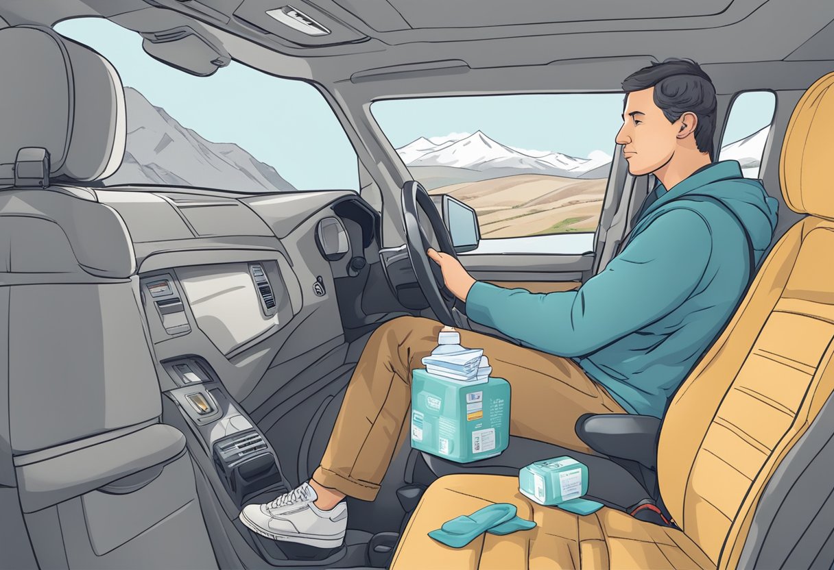 A person traveling in a vehicle with incontinence supplies