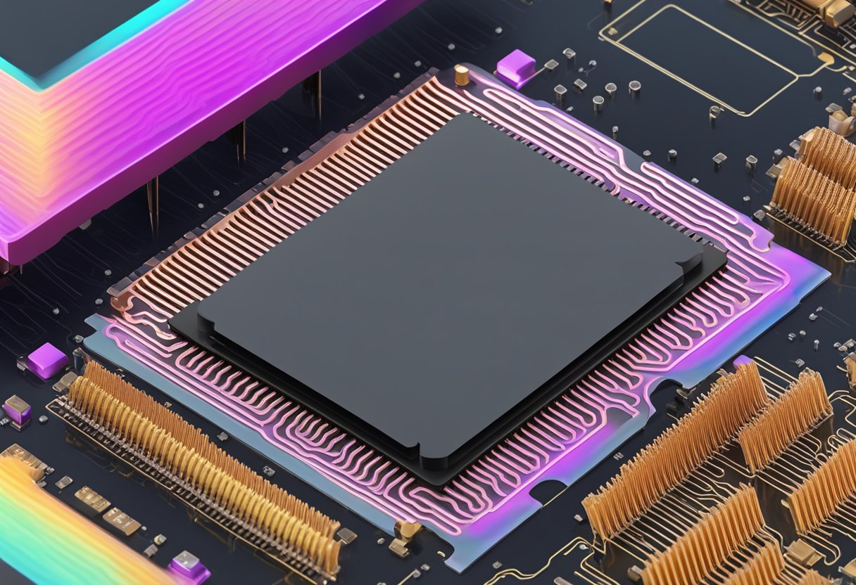 A computer chip with thermal paste and thermal pad applied between it and a heat sink. The paste is spread evenly, while the pad is placed flat against the surface