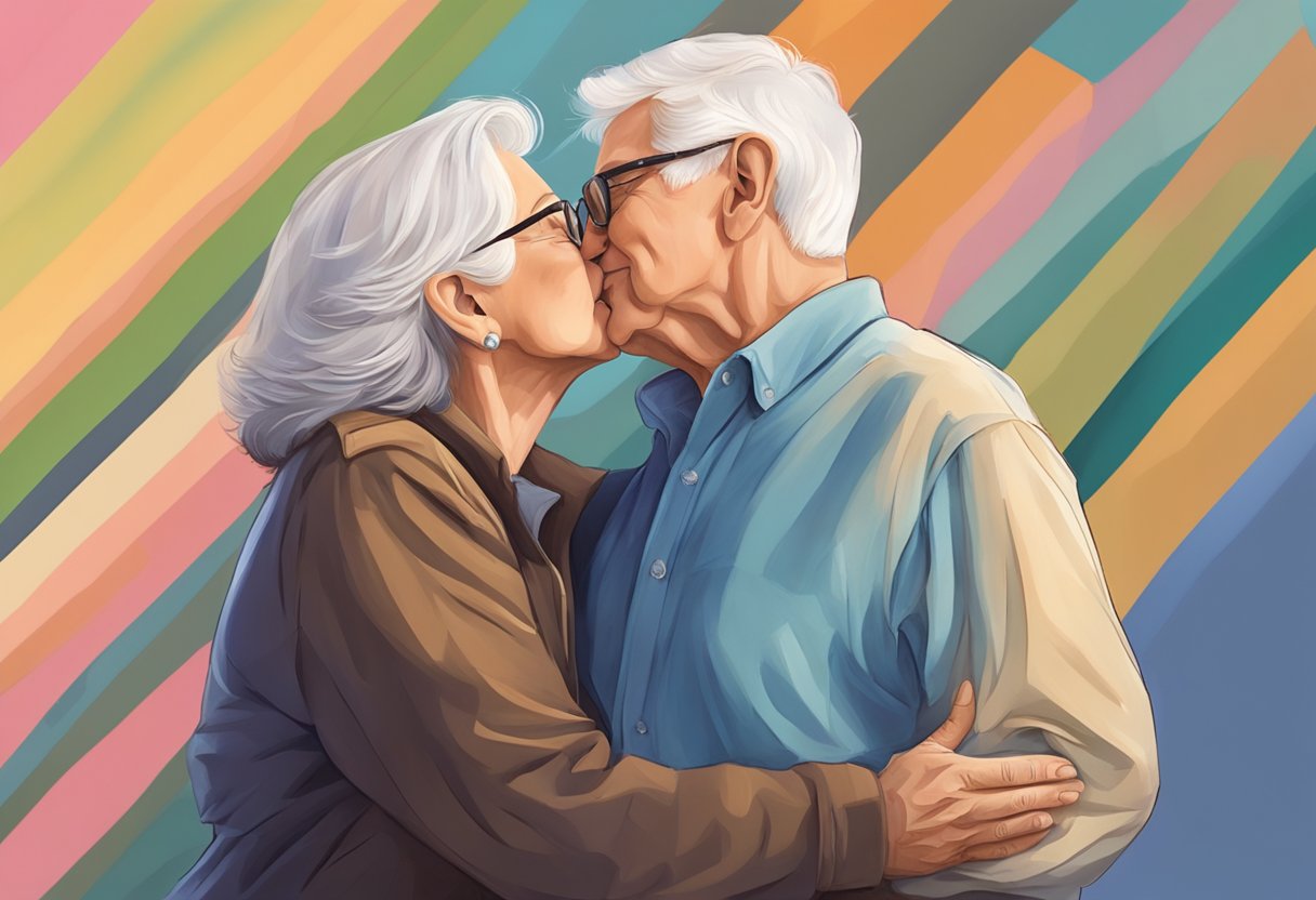 A couple in their 60s embracing and kissing passionately