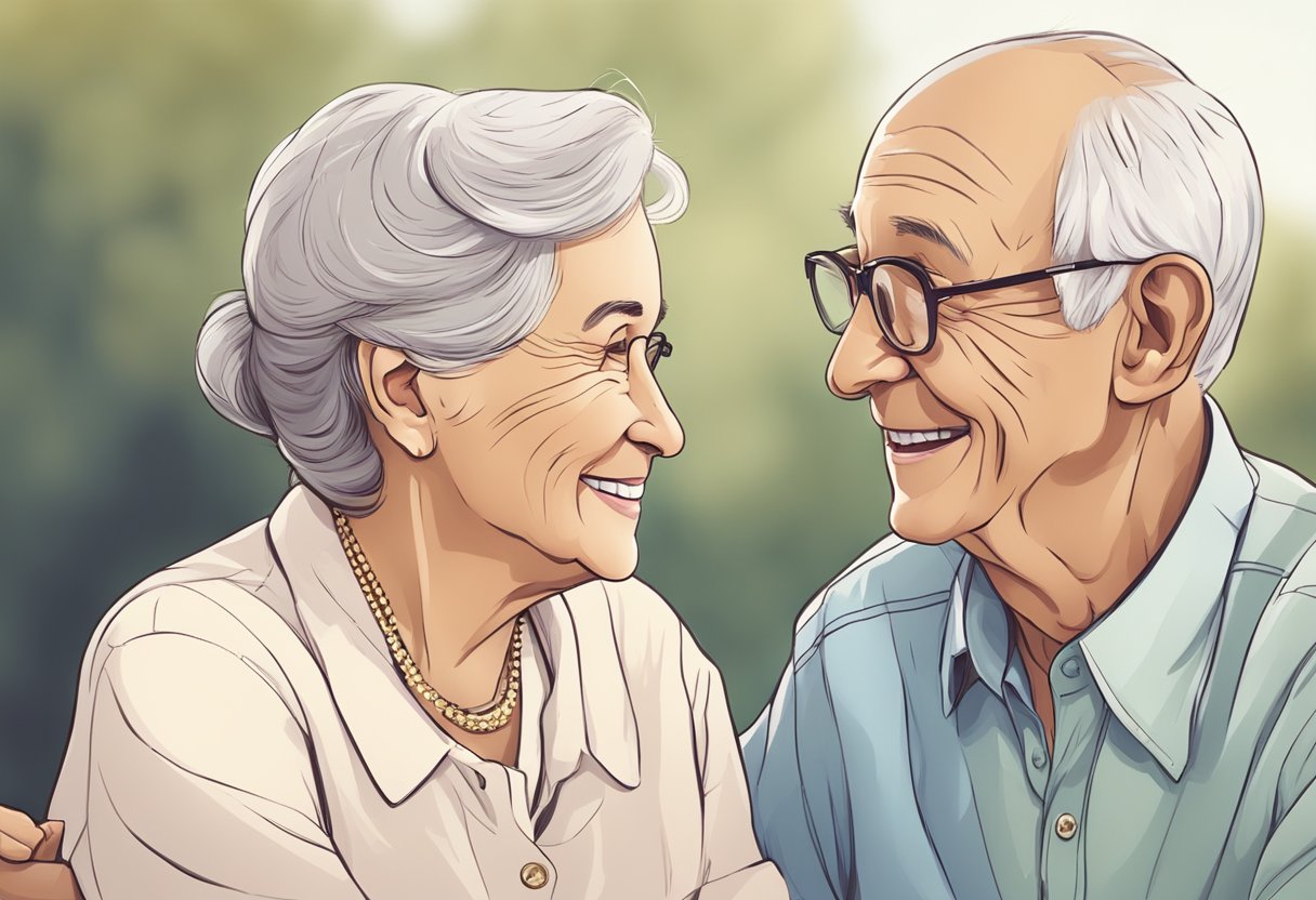 An elderly couple sitting close, holding hands, smiling, and gazing into each other's eyes, showing intimacy and love in their body language