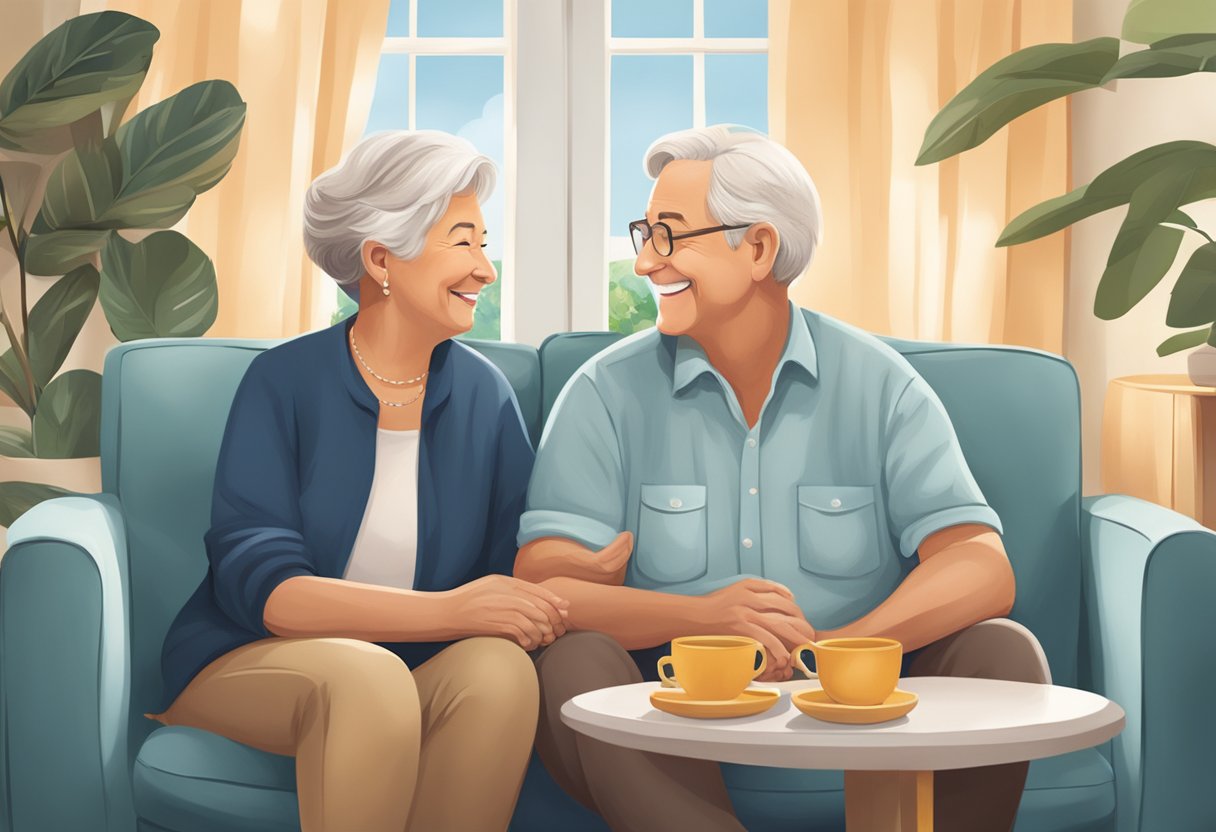 A couple in their 60s sitting close, smiling, and holding hands, surrounded by cozy and intimate decor