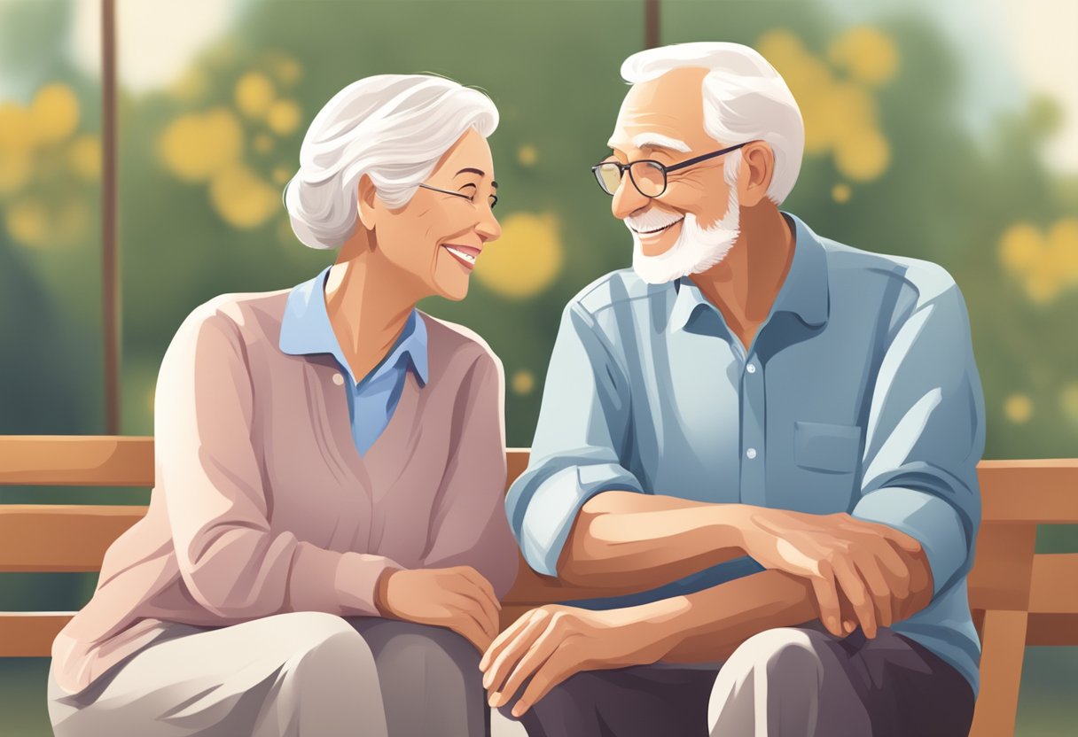 Elderly couple sitting close, smiling, and talking. Body language shows comfort and intimacy. Illustrate a warm and open conversation about sexual communication in older age