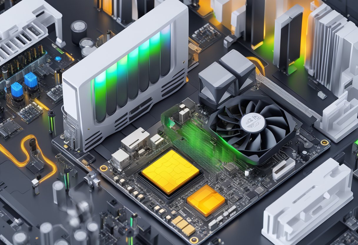 A computer with a GPU emitting heat, surrounded by cooling fans and thermal sensors