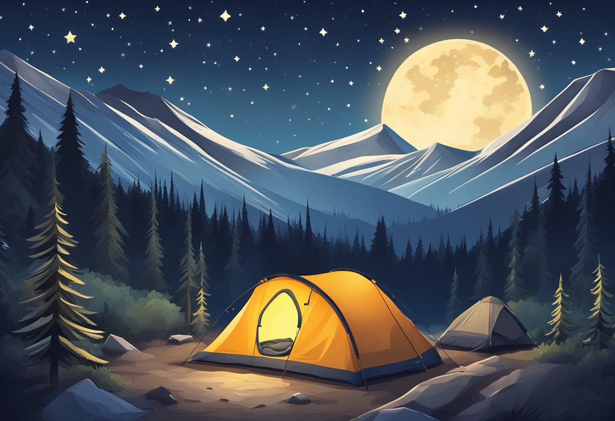 A cozy campsite with a high-quality sleeping bag surrounded by rugged terrain and a starry night sky