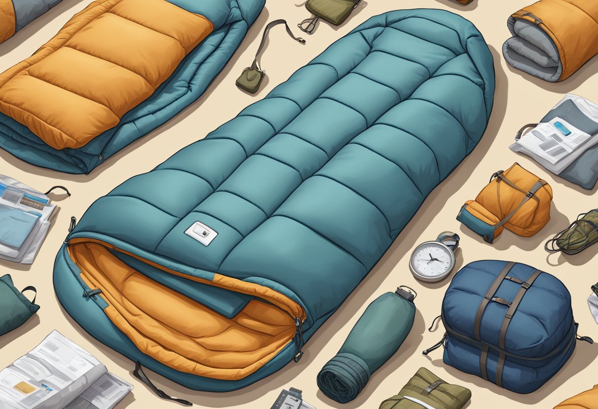 A high-quality sleeping bag surrounded by expensive outdoor gear and price tags