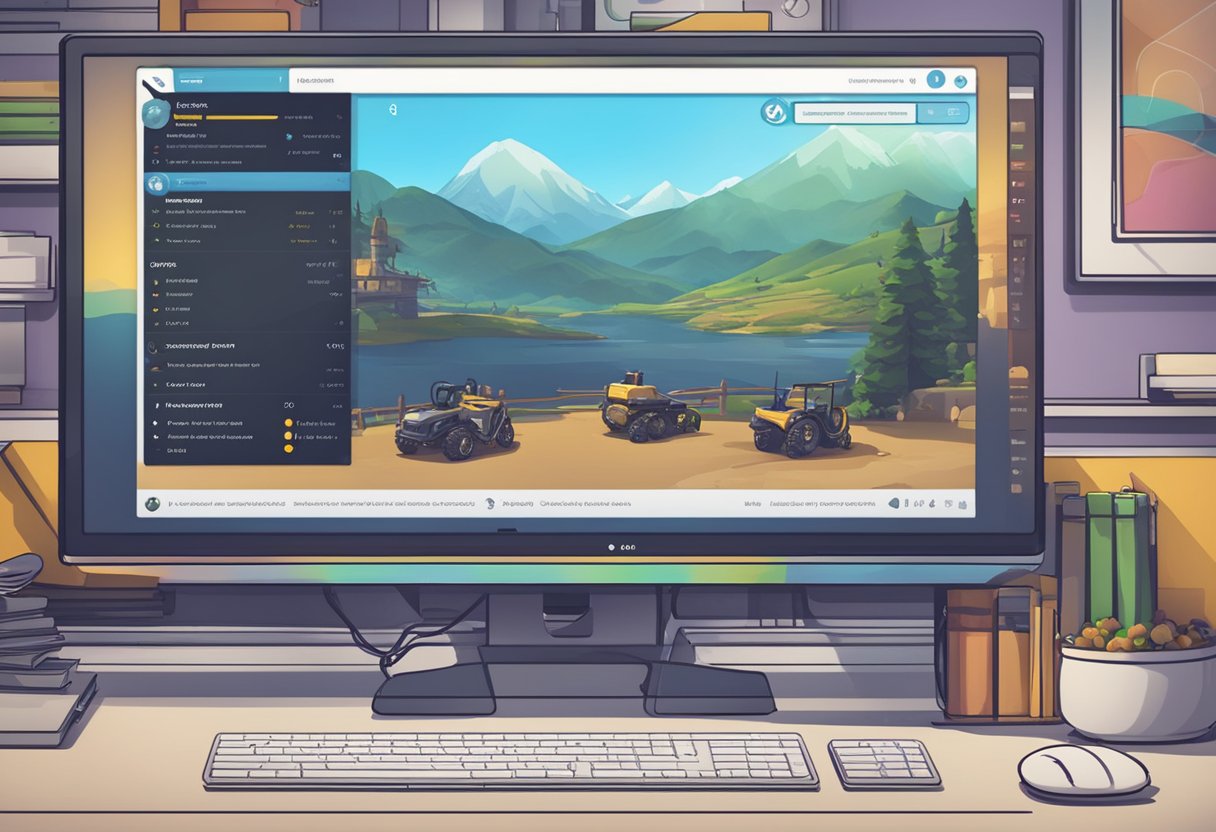 A computer screen displays the Steam download page with a slider to adjust download speed. The screen shows progress bars for various game downloads