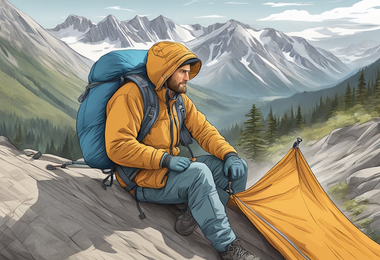 A rugged mountain climber unzips a high-end, durable sleeping bag