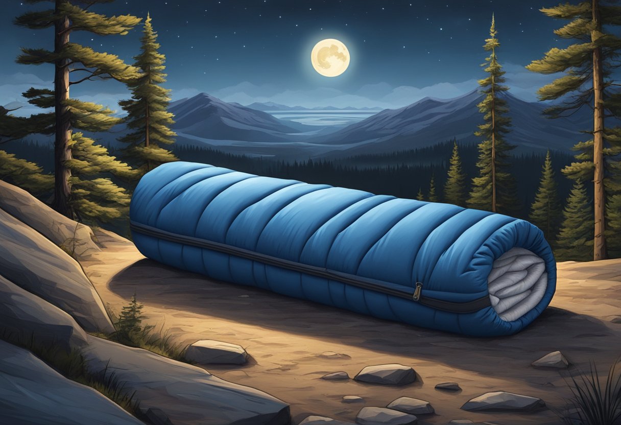 A high-quality sleeping bag lies open, surrounded by a rugged outdoor setting. The moonlight illuminates the scene, highlighting the durability and worth of the investment