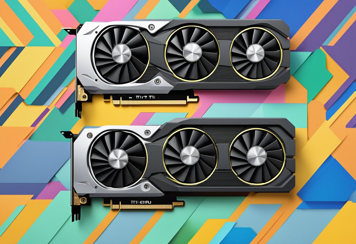 A Ti and Non-Ti GPU side by side, with the Ti version appearing more advanced and powerful. The Non-Ti GPU looks simpler and less capable in comparison