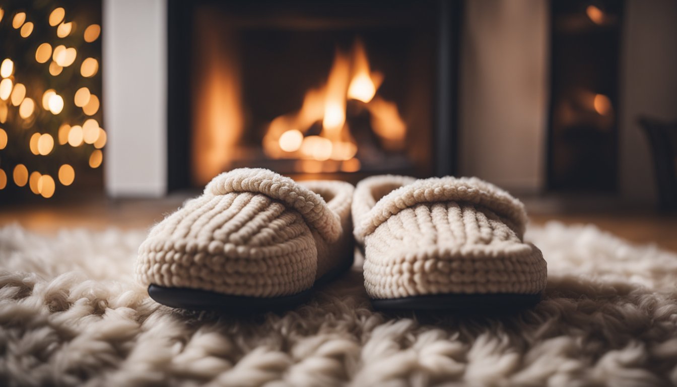 Soft alpaca wool slippers rest on a cozy rug by a crackling fireplace