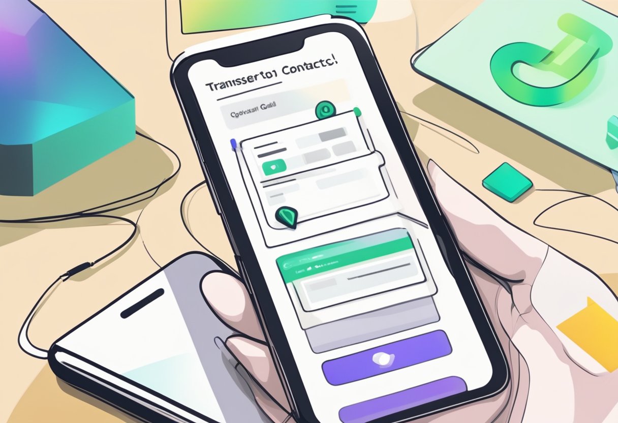 A smartphone screen displays a list of contacts. An arrow points to a "transfer to Gmail" button