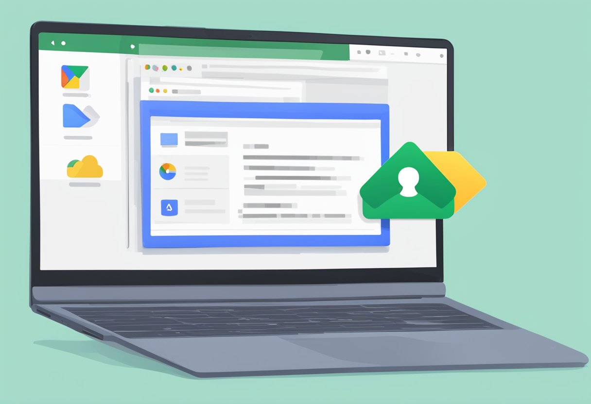 A laptop screen displaying Google Drive. A cursor clicks and drags files into a folder labeled "Transfer." An arrow points to another account