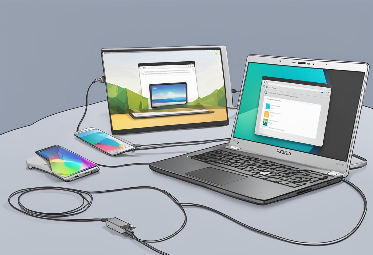 A droid turbo connected to a PC via USB cable. On the screen, a window prompts the user to select the files to transfer