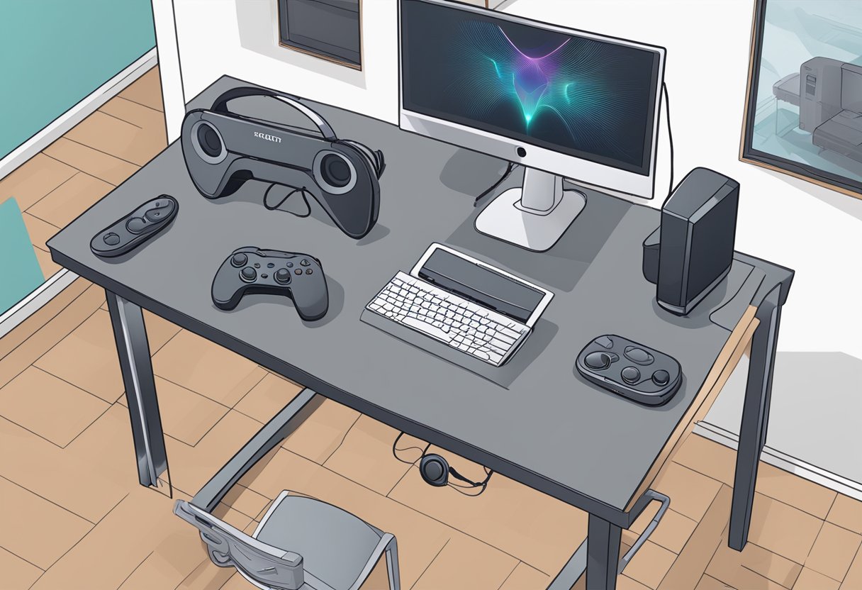 A table with an Oculus Rift S headset, controllers, and a computer. The headset displays an error message, while the computer screen shows troubleshooting steps
