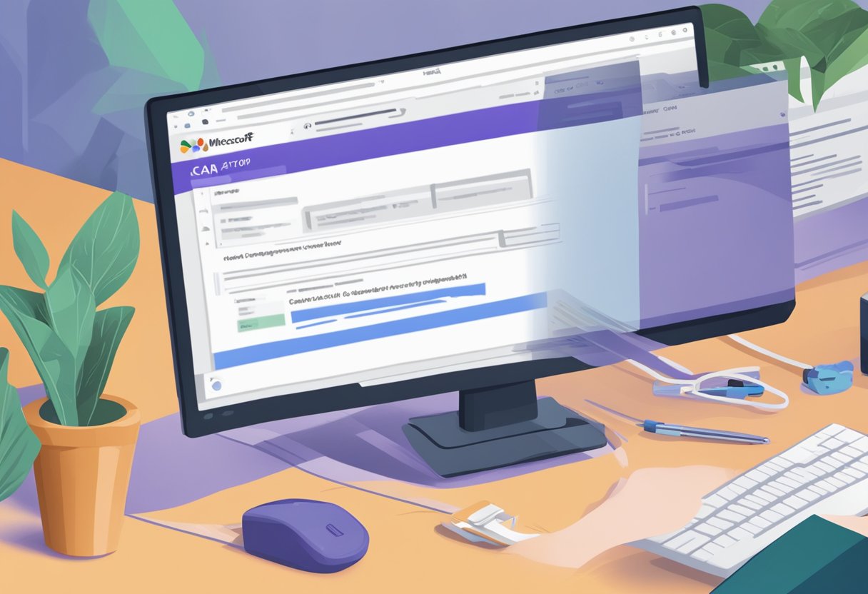 A computer screen displays a message "Understanding Error CAA70007" with a search bar open for troubleshooting "microsoft teams error caa70007"