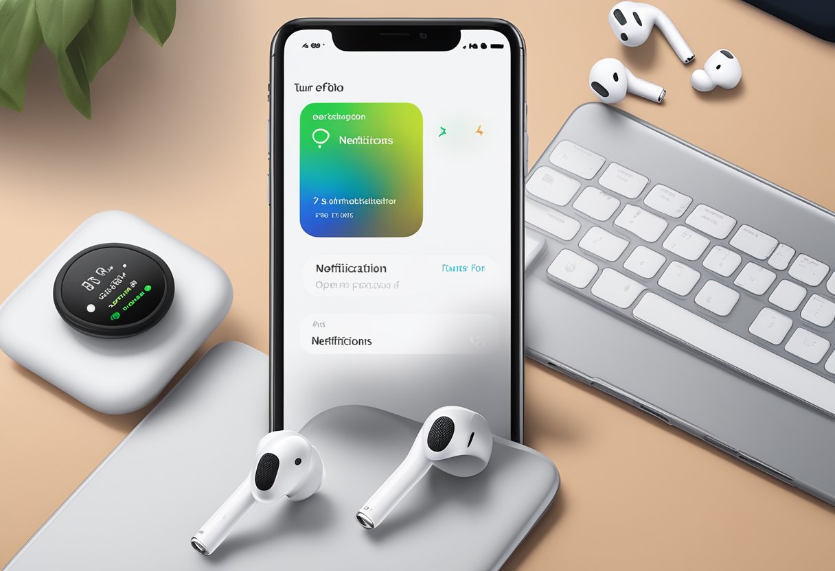 AirPods on a table, phone screen with notification settings, user manual open to "turn off notifications" page