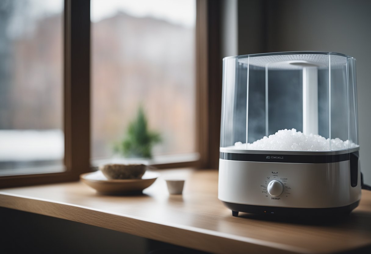 A dehumidifier sits in a corner, drawing moisture from the air. Windows are open, allowing fresh air to circulate. A bowl of rock salt sits on a shelf, absorbing excess humidity