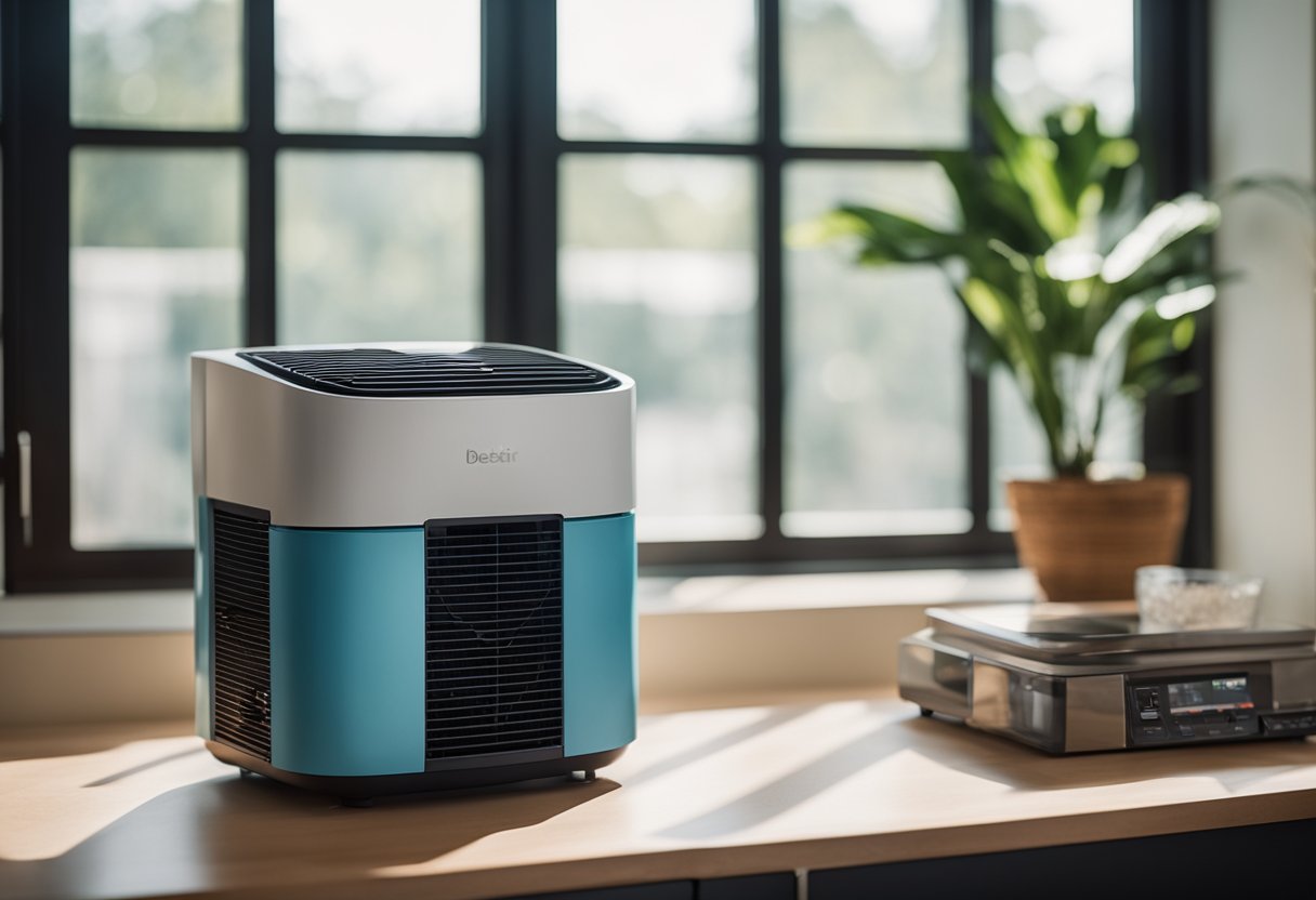 A dehumidifier sits in a cozy living room, absorbing moisture from the air. Windows are cracked open, allowing fresh air to circulate. A bowl of desiccant sits on the counter, absorbing excess moisture