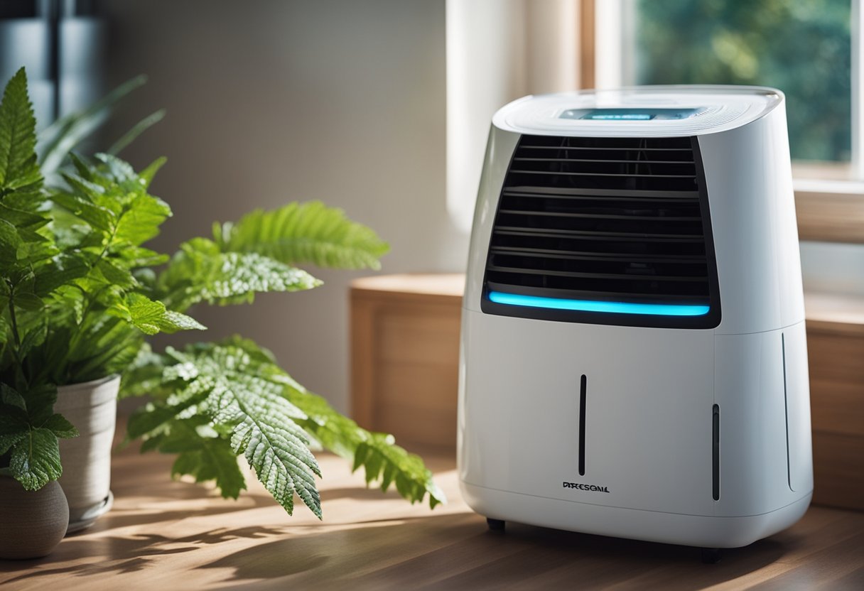 A dehumidifier running in a living room with open windows, plants, and a bowl of rock salt absorbing moisture