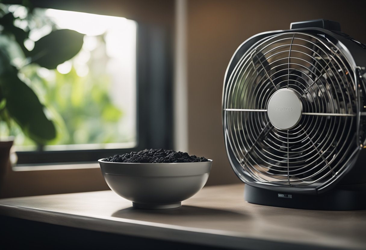 A window is open, and a small fan is placed on a table, circulating air. A bowl of charcoal is placed in the room to absorb moisture
