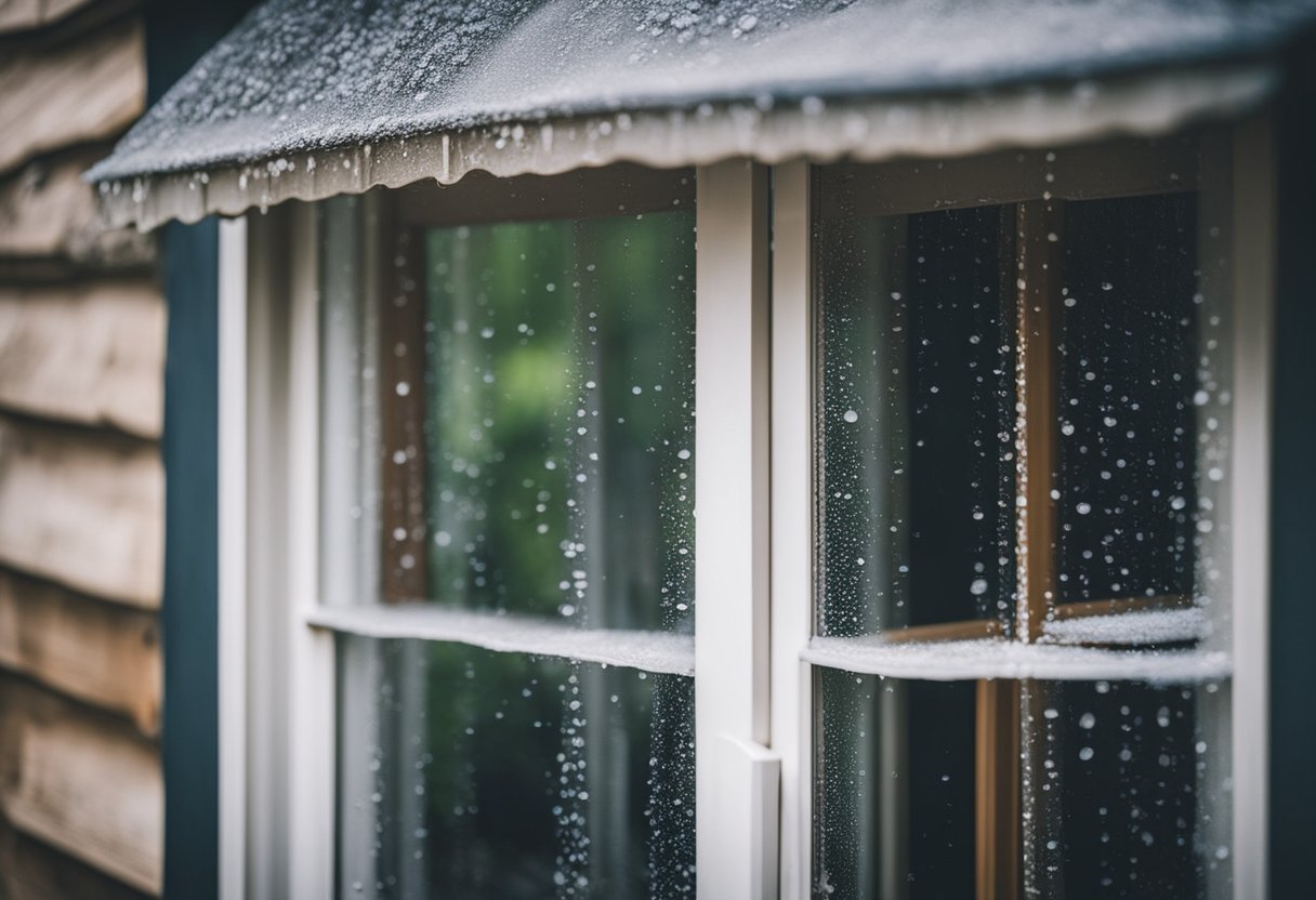 A house with condensation on windows, damp walls, and mold growth. Dehumidifier and open windows for ventilation