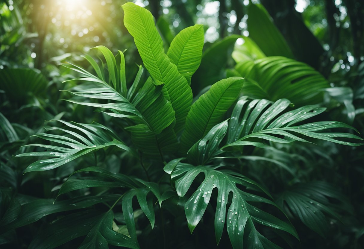 A lush, tropical forest with glistening leaves and dewy air