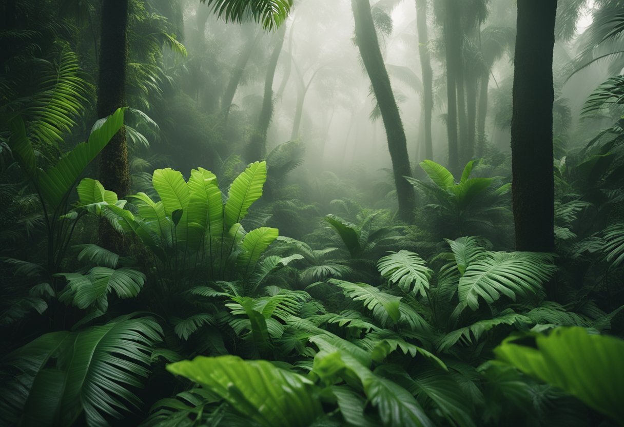A tropical forest with lush green foliage and misty air, showcasing the effects of humidity on skin health