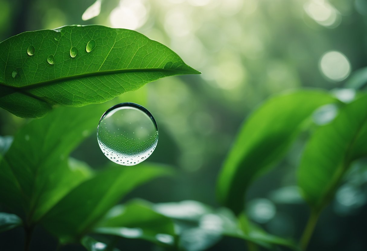 A tropical forest with misty air, glistening leaves, and a dewy atmosphere. A magnifying glass revealing tiny water droplets on a leaf