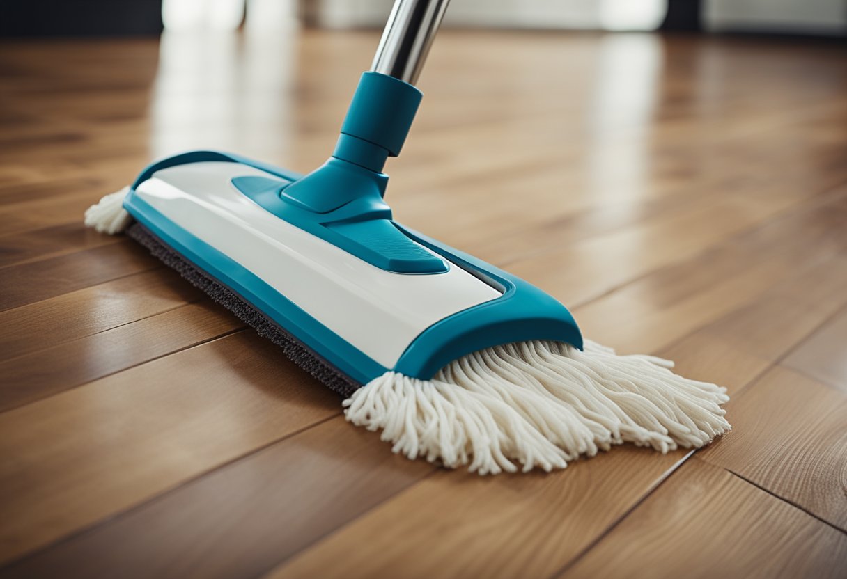 A mop glides over prefinished hardwood floors, removing dust and debris. A gentle cleaning solution adds a shine to the wood