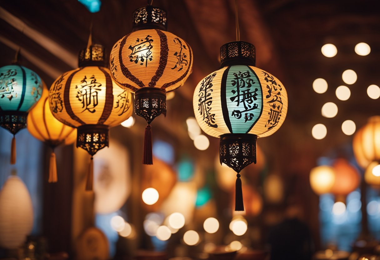 Colorful lanterns hang from the ceiling, casting a warm glow. A table is adorned with dates, water, and decorative plates. A vibrant tapestry with Arabic calligraphy adds a festive touch to the room