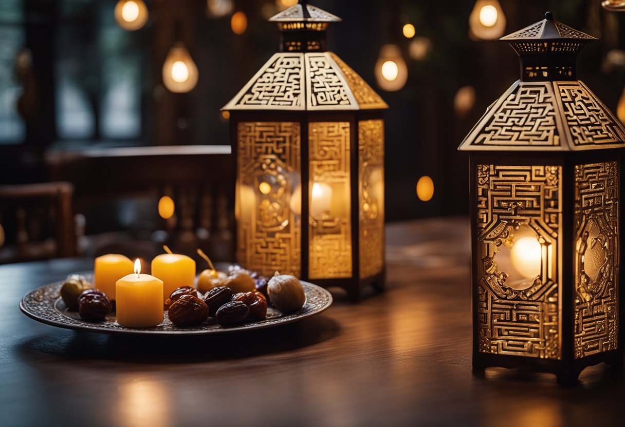 A table adorned with colorful lanterns, dates, and calligraphy art. A crescent moon and star motif decorates the room