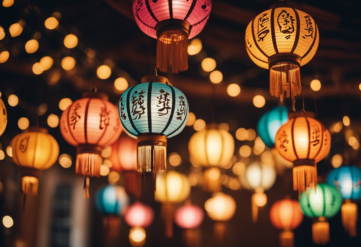 Colorful paper lanterns hang from the ceiling, casting a warm glow. Hand-painted banners with Arabic calligraphy adorn the walls. A table displays handmade crescent moon and star decorations
