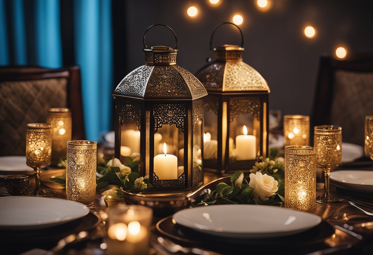 An elegantly set dining table with Ramadan-themed decor, including lanterns, candles, and floral arrangements. A warm and inviting atmosphere for Iftar gatherings