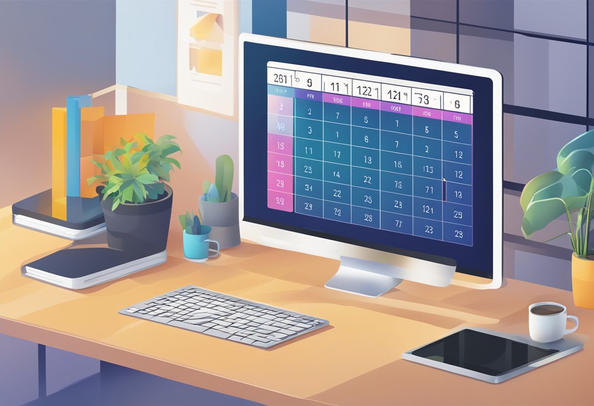 A computer screen displaying a calendar with time slots for streaming. A digital clock in the background shows the current time