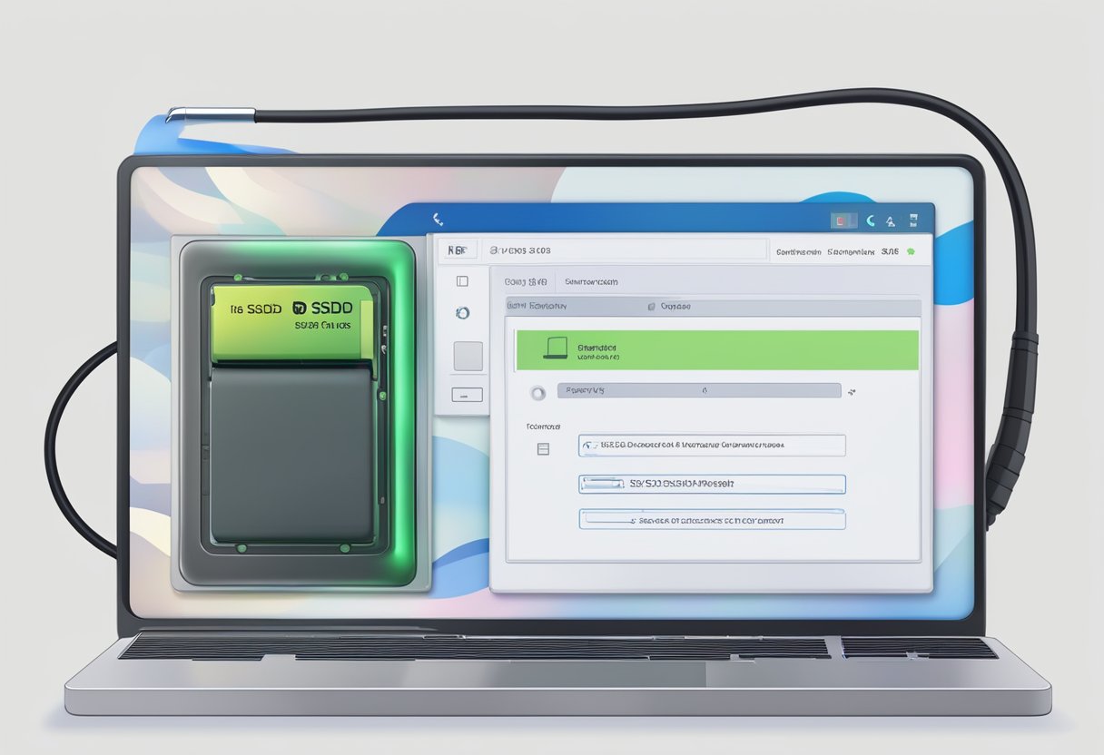 An external SSD connected to a computer, with a booting error message displayed on the screen. The computer is unable to boot from the external SSD