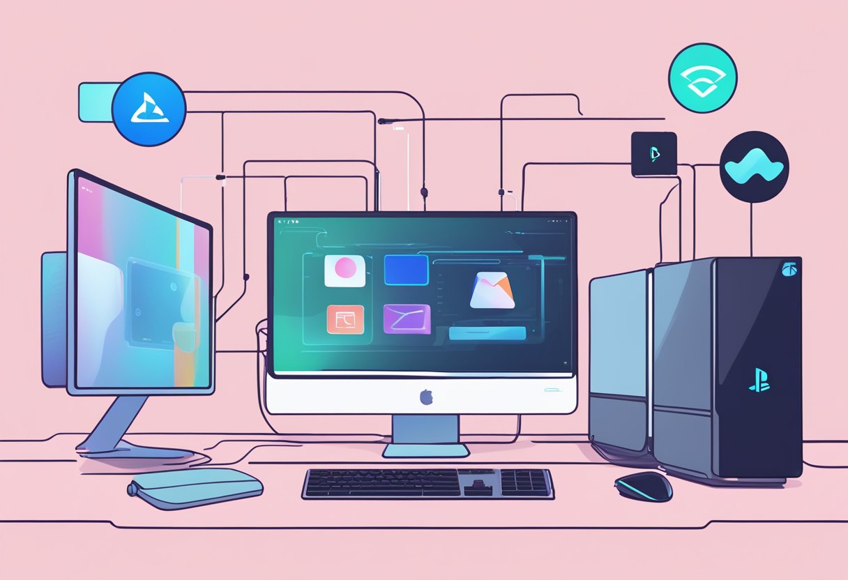 A computer screen with error messages, a PS5 console, and a user profile icon with a sync symbol crossed out