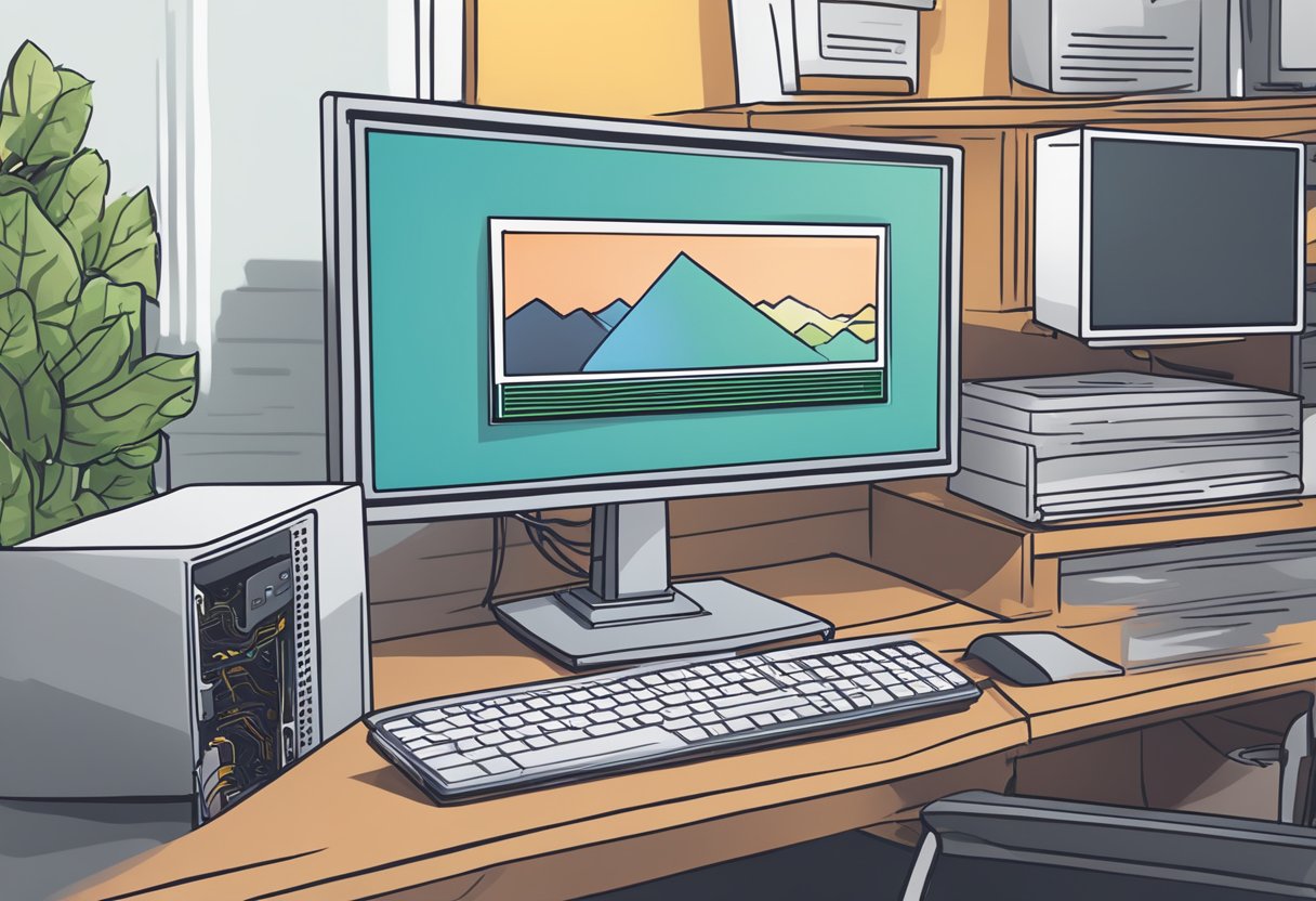 A computer monitor displaying a step-by-step guide on how to uninstall graphics drivers, with a computer tower and a new GPU nearby