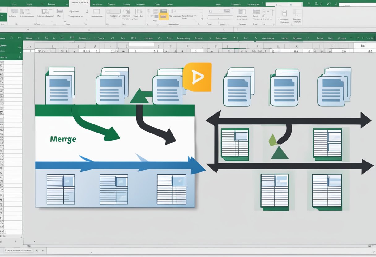 Multiple cells merging into one in Excel. An arrow points to the "Merge & Center" button. Another arrow points to the "Unmerge Cells" button