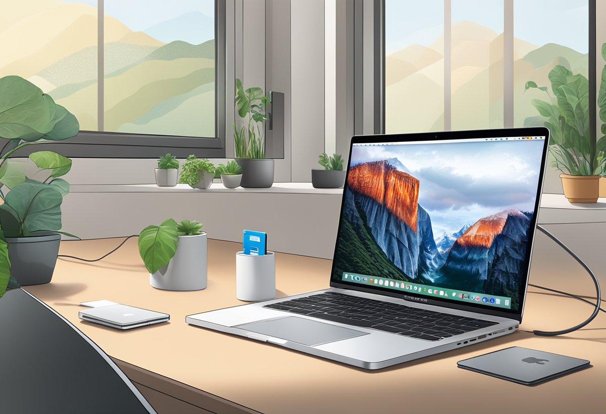 A MacBook Pro sits on a desk, with a USB drive inserted. The screen shows the Windows 11 installation process using Boot Camp