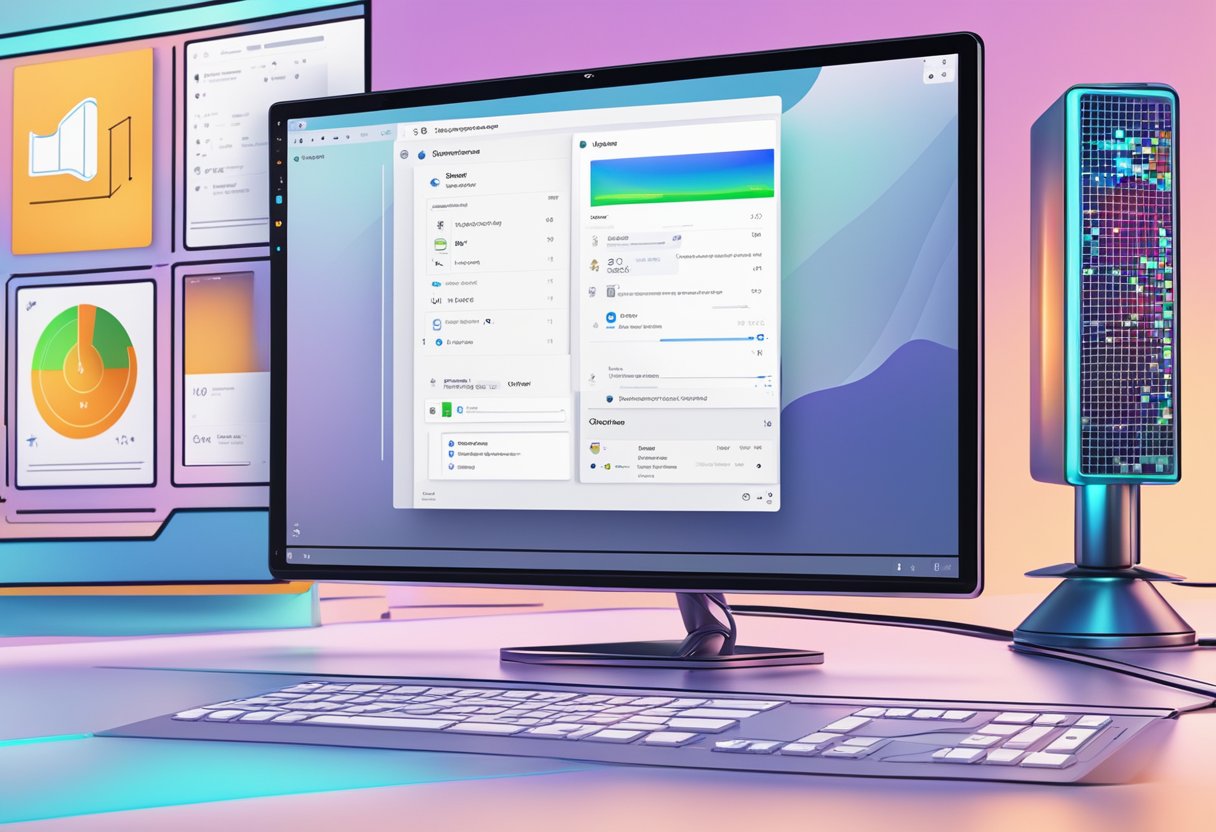 A computer screen with a Windows 11 interface open, showing the bass booster and audio enhancement settings being adjusted with a mouse cursor