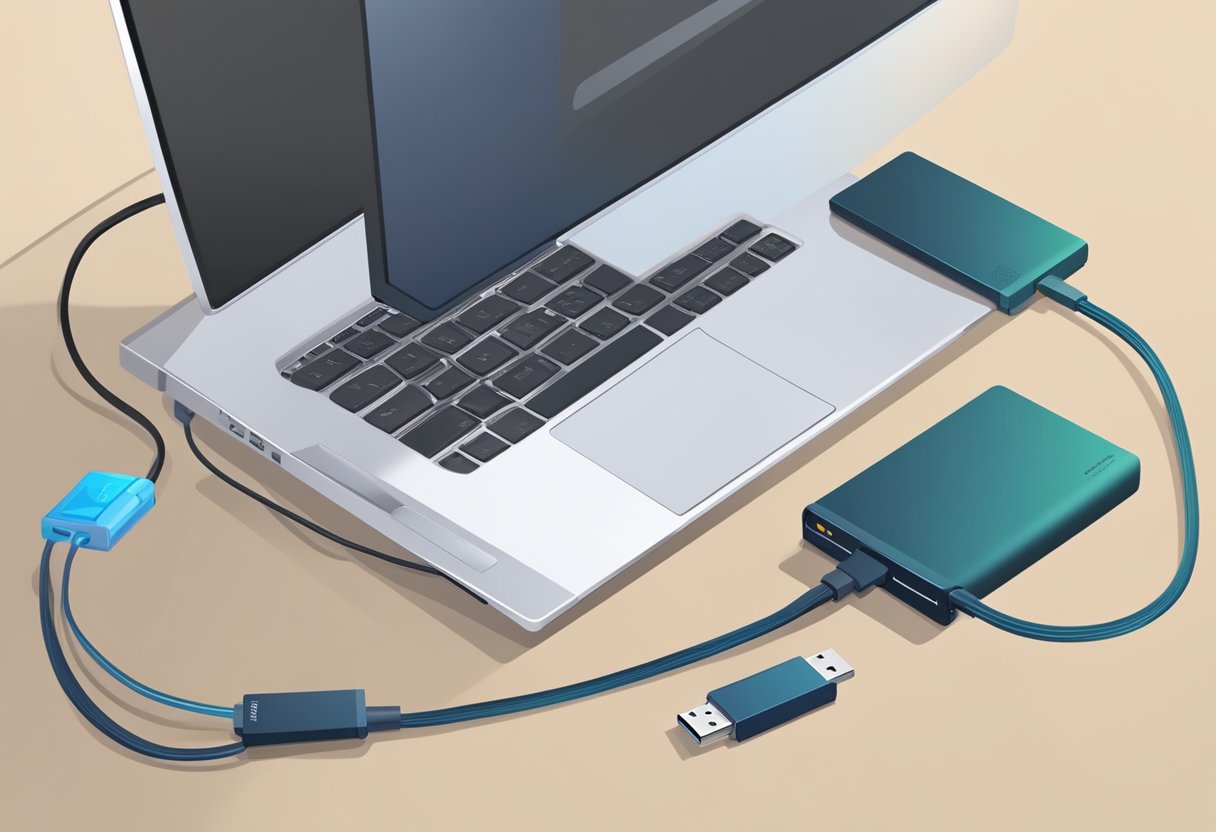 An external SSD is connected to a computer with a USB cable. The computer is powered on and the SSD is selected as the boot drive in the system settings